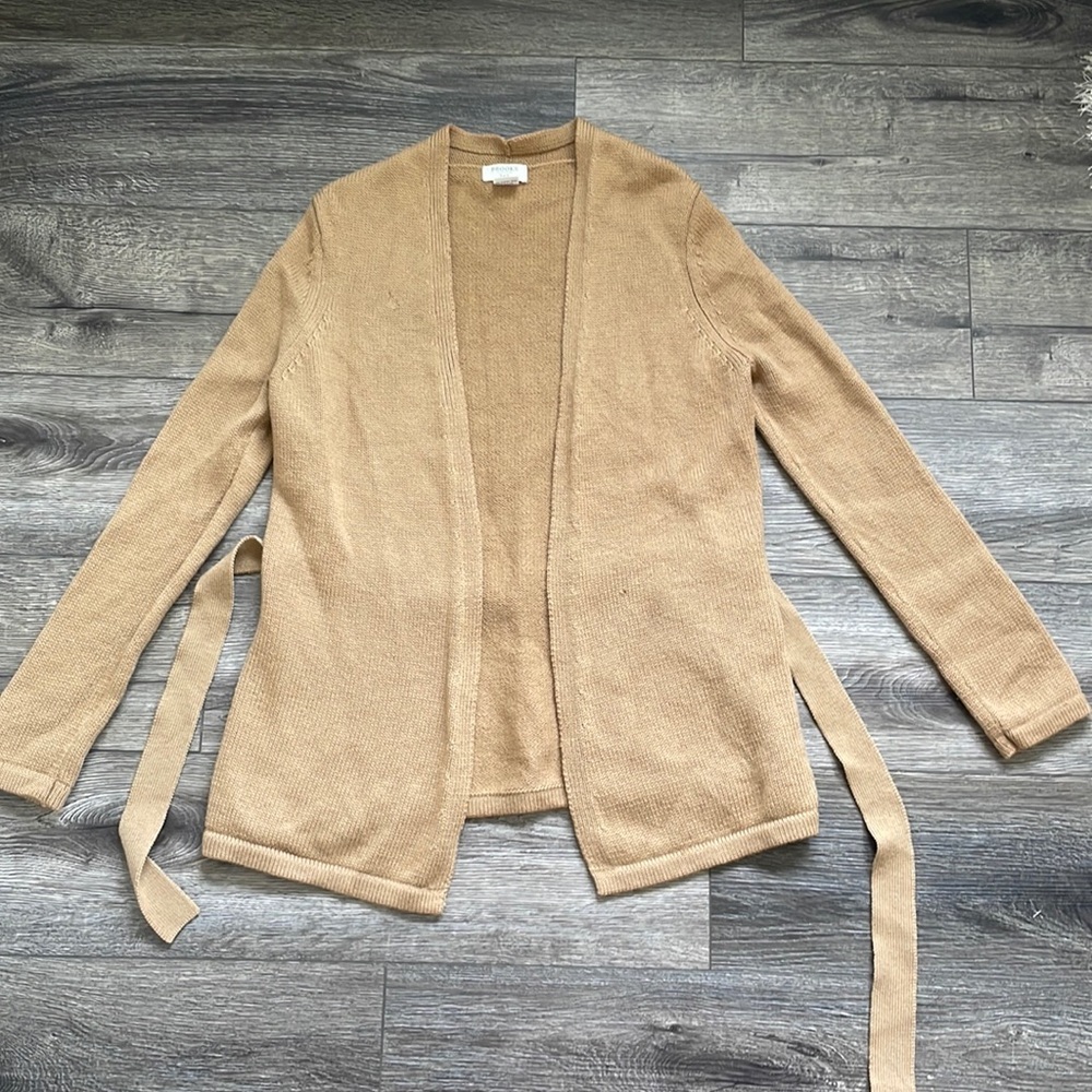 346 Brooks Brothers | 100% Merino Wool Tan Knit Wrap Open Belt Cardigan Small